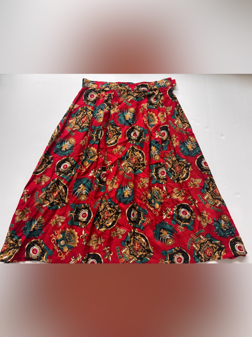 Chaus Vintage 90s Red Baroque Scarf Print Midi Skirt Rayon Size 12